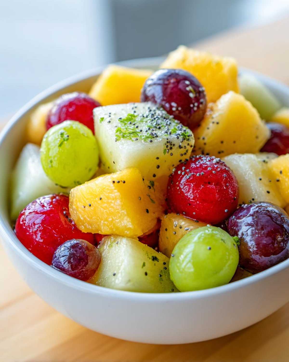 Close-up of a white bowl filled with Boat Snacks: Fresh Fruit Salad featuring grapes, pineapple, and melon sprinkled with poppy seeds.