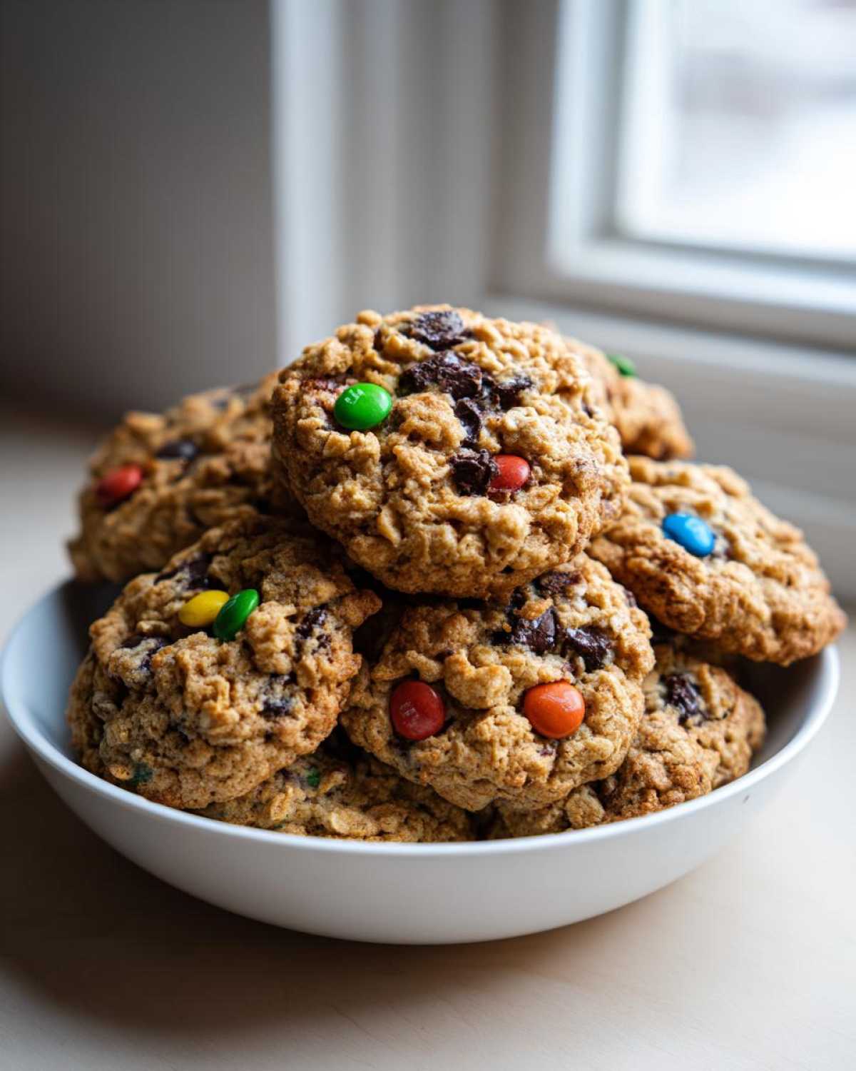 A generous stack of chewy Boat Snacks: Monster Cookies loaded with oats, chocolate chips, and colorful M&Ms, sitting in a white bowl.