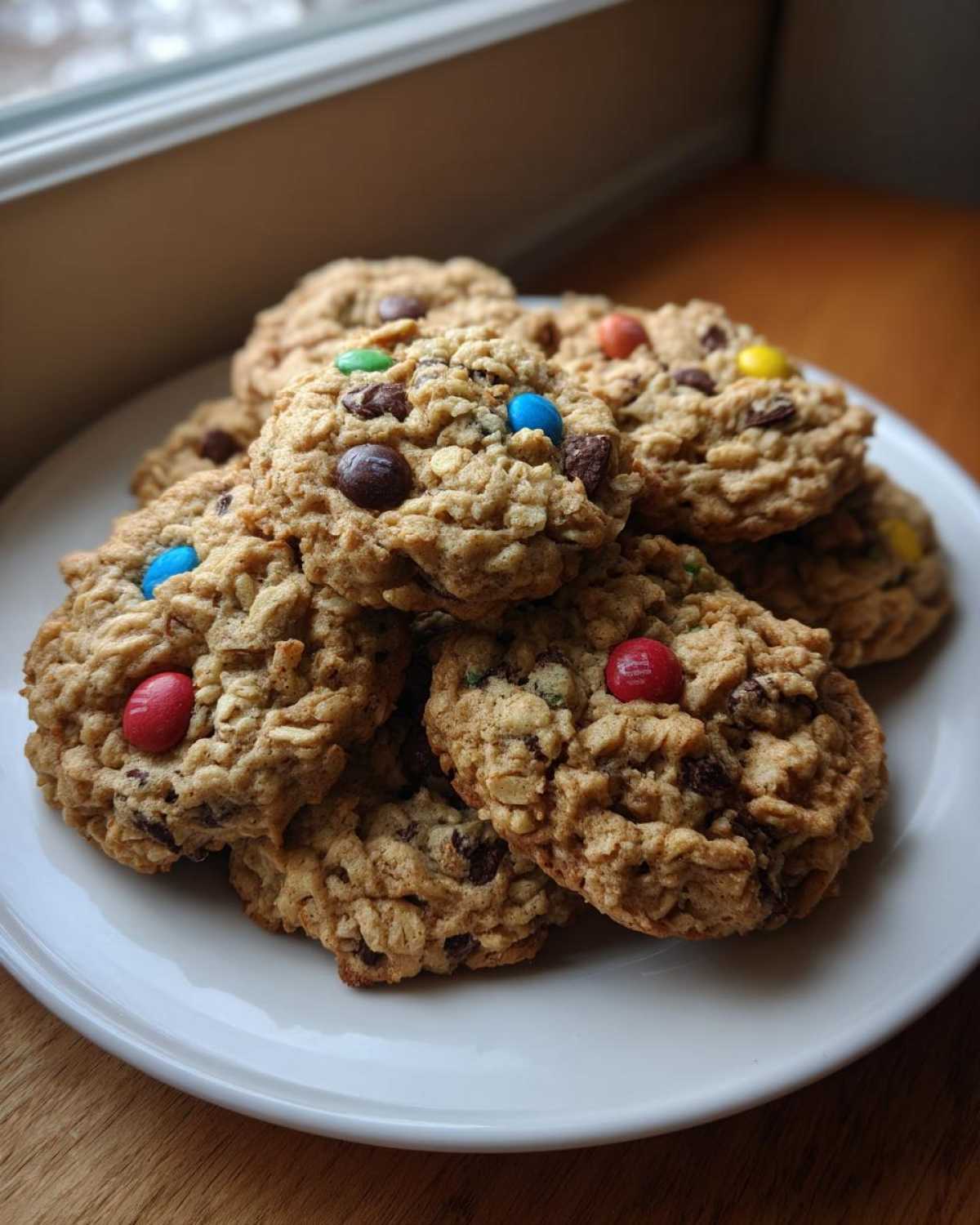A stack of freshly baked oatmeal Boat Snacks: Monster Cookies loaded with chocolate chips and colorful candies on a white plate.