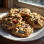 A stack of freshly baked oatmeal Monster Cookies loaded with chocolate chips and colorful M&M's resting on a white plate.