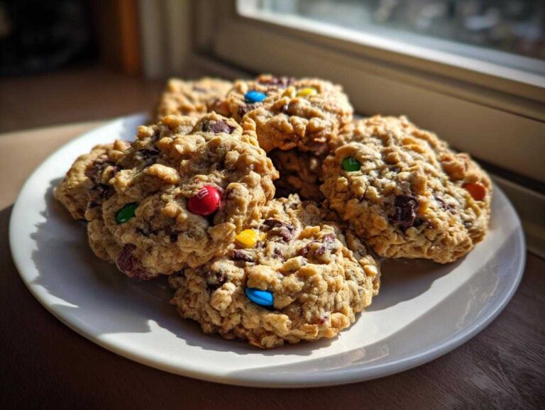 A stack of freshly baked oatmeal Monster Cookies loaded with chocolate chips and colorful M&M's resting on a white plate.