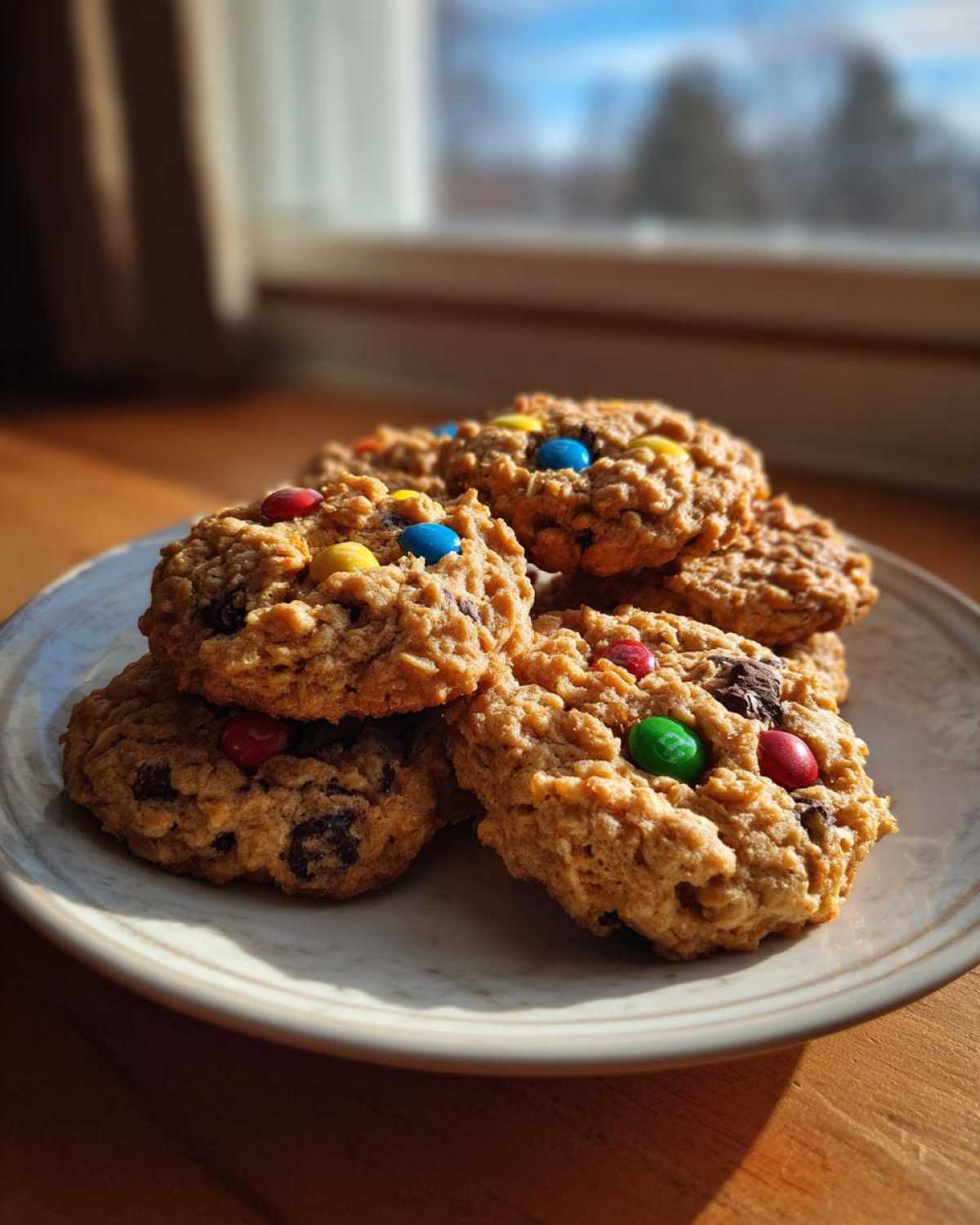 A stack of freshly baked Boat Snacks: Monster Cookies loaded with chocolate chips and colorful M&M candies on a light plate.