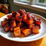 A close-up of perfectly caramelized Brown Sugar Roasted Butternut Squash cubes piled on a white plate.