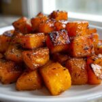 Close-up of glistening, caramelized Brown Sugar Roasted Butternut Squash cubes piled on a white plate.