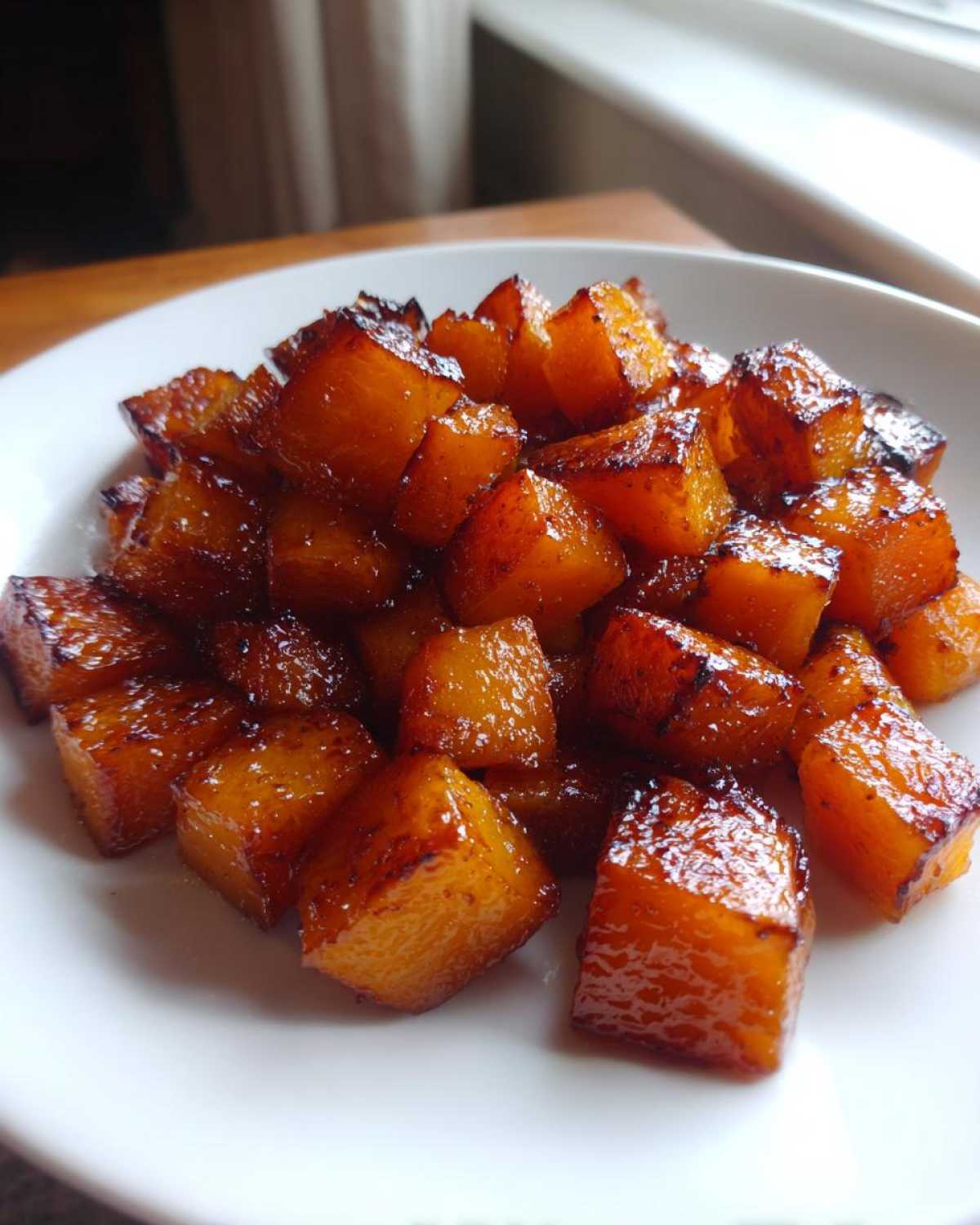 Close-up of shiny, caramelized Brown Sugar Roasted Butternut Squash cubes piled on a white plate.