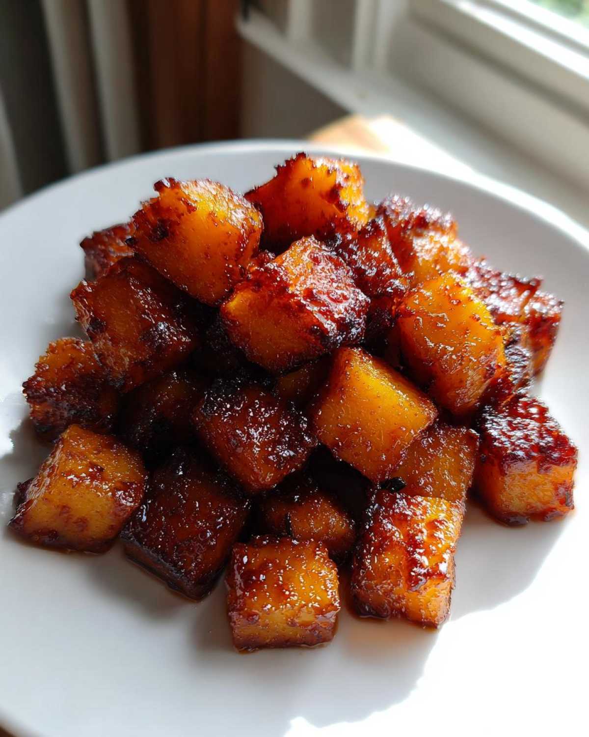 A close-up of glistening, caramelized Brown Sugar Roasted Butternut Squash cubes piled on a white plate.