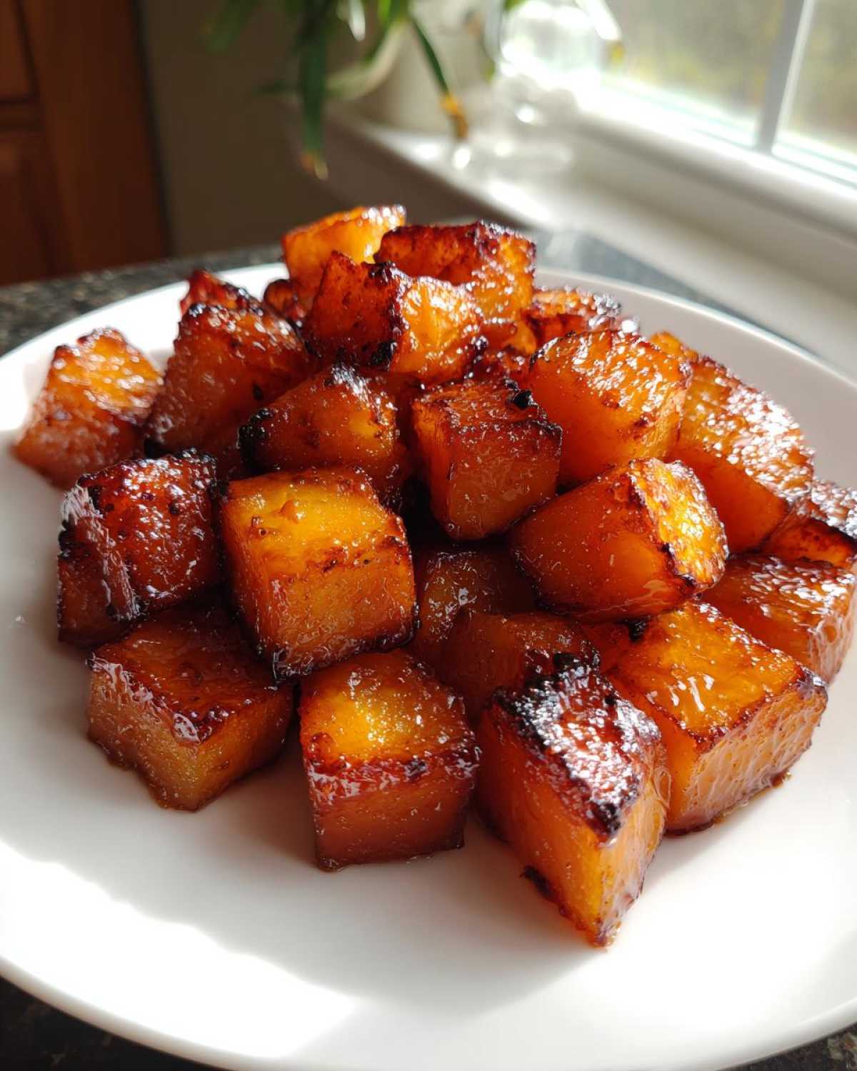 Close-up of shiny, caramelized Brown Sugar Roasted Butternut Squash cubes piled on a white plate.