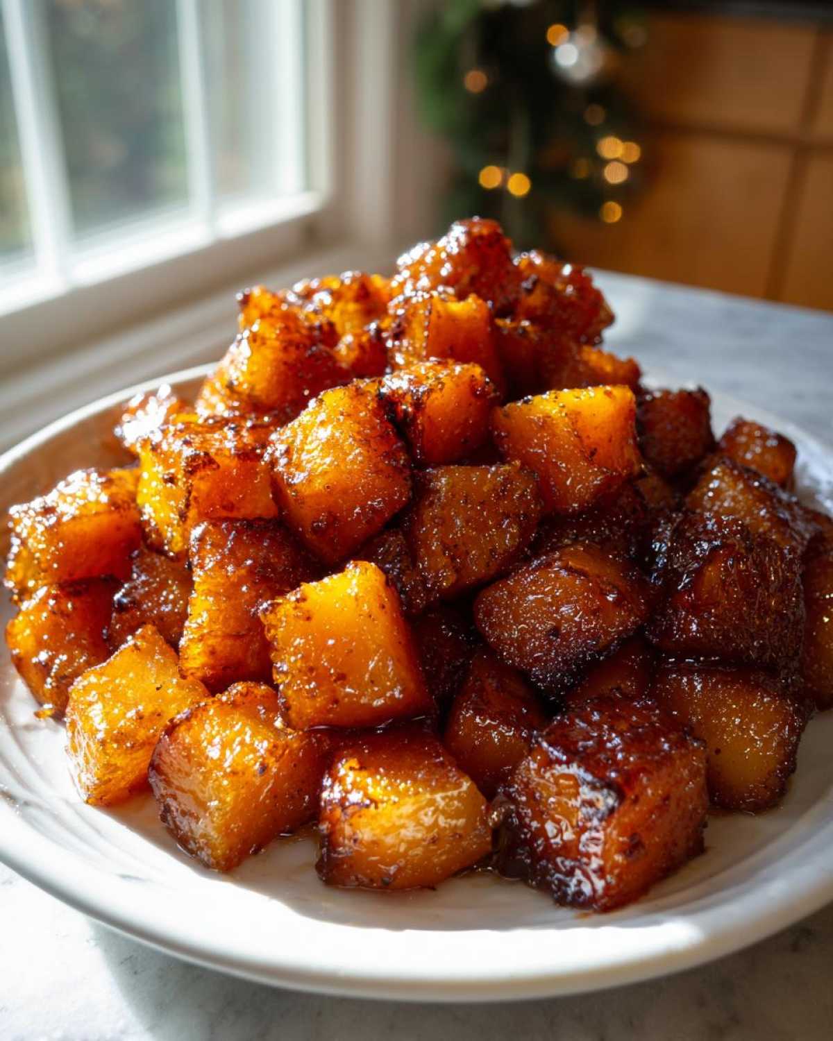 A mound of caramelized Brown Sugar Roasted Butternut Squash cubes piled high on a white plate.