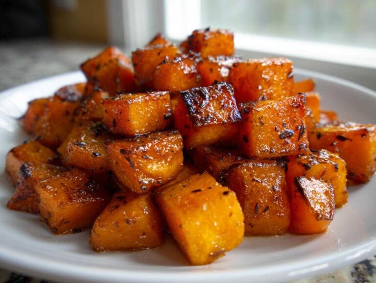 Close-up of glistening, caramelized Brown Sugar Roasted Butternut Squash cubes piled on a white plate.