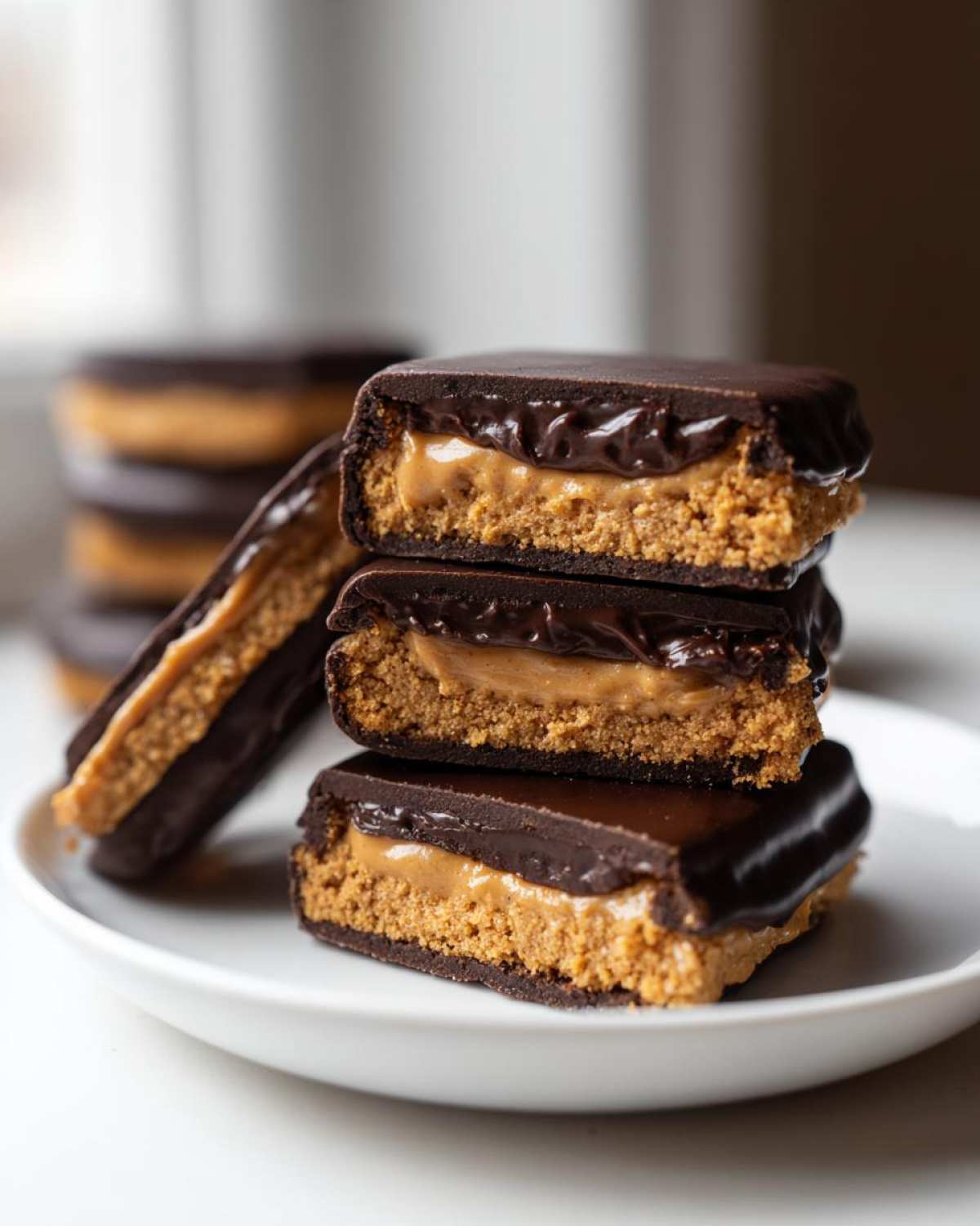 A stack of three homemade buckeye graham crackers cut in half, revealing the peanut butter filling and chocolate coating.