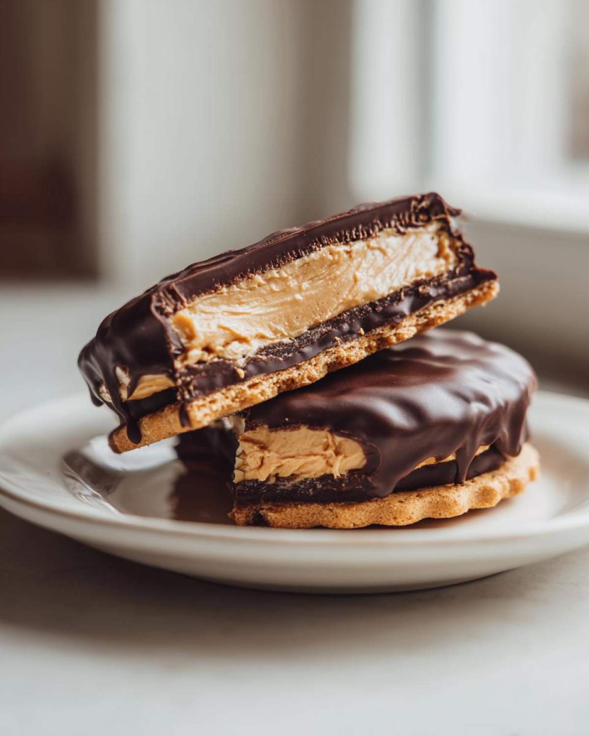 Two stacked buckeye graham crackers, cut in half to show the creamy peanut butter filling and chocolate coating.
