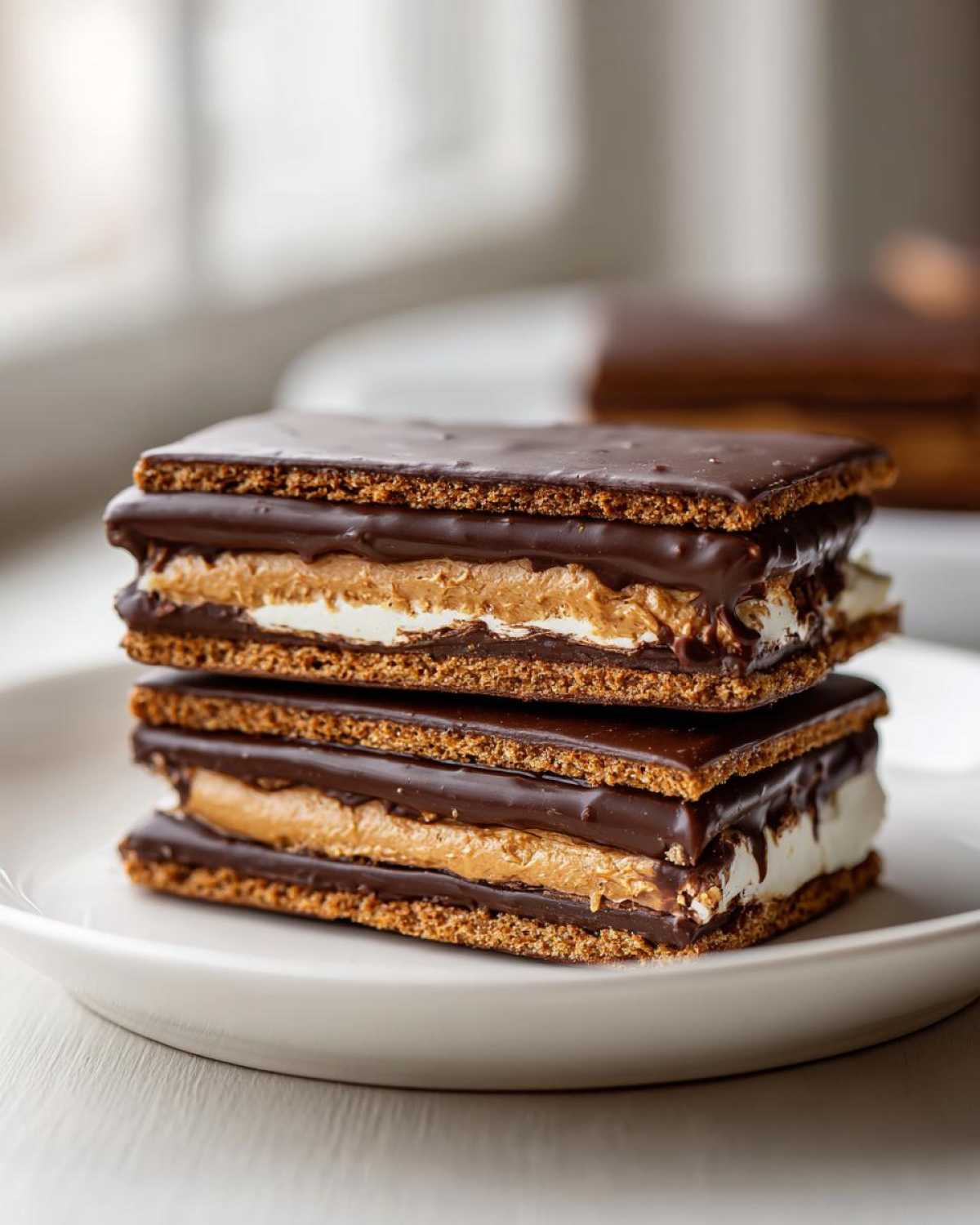 Two stacked Buckeye Graham Crackers treats filled with peanut butter and marshmallow, coated in chocolate.