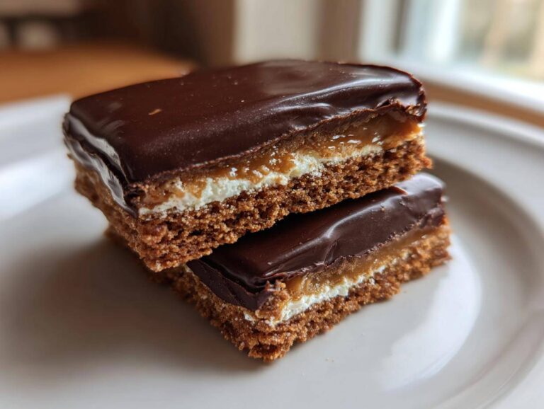 Two stacked bars of buckeye graham crackers showing a chocolate topping, caramel, cream layer, and graham cracker base.