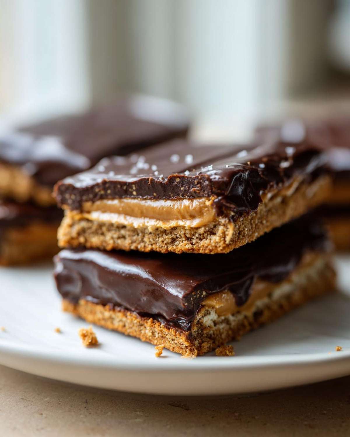 Two stacked homemade buckeye graham crackers with peanut butter filling and a rich chocolate topping sprinkled with sea salt.