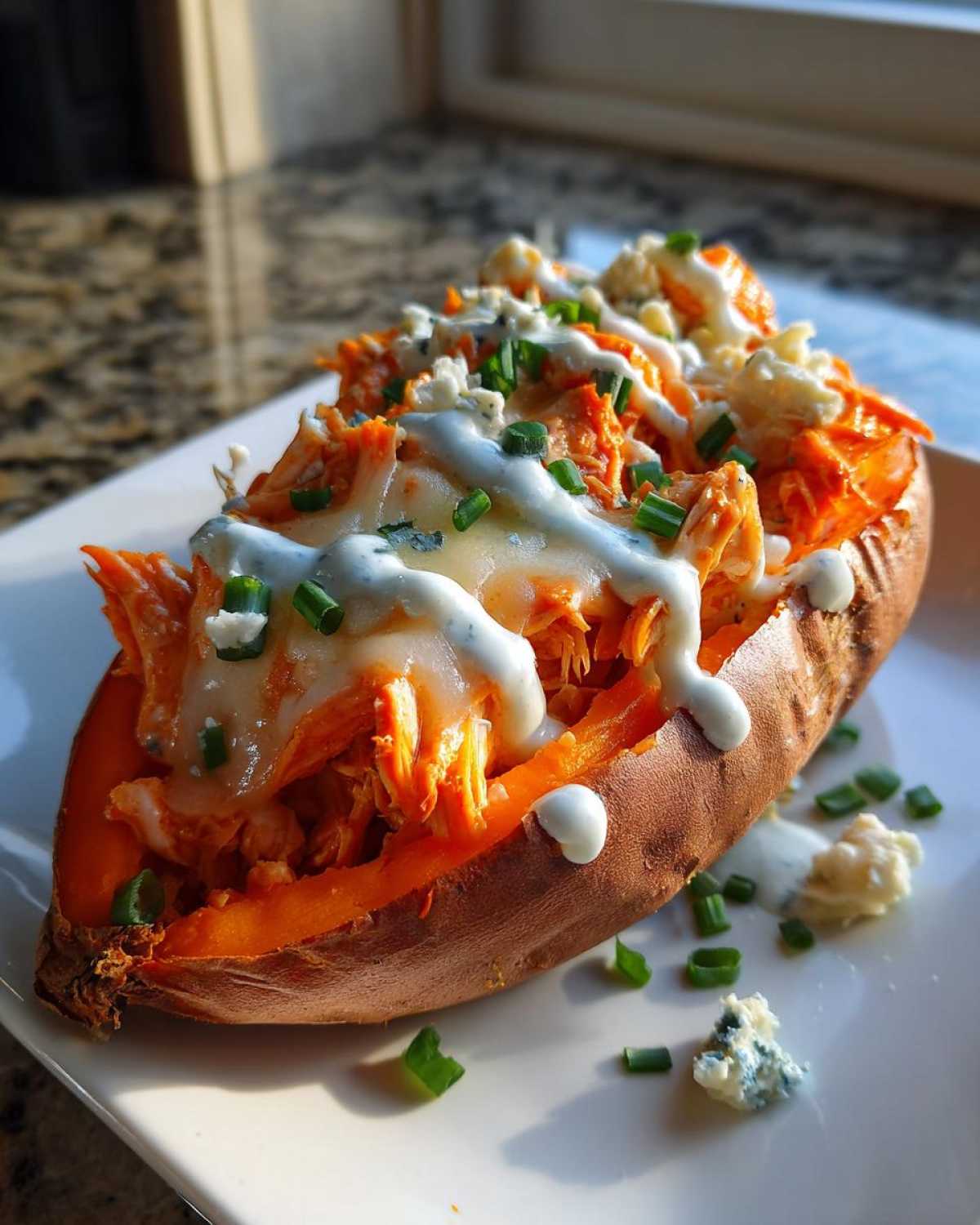 A baked sweet potato stuffed with shredded Buffalo chicken, drizzled with ranch or blue cheese dressing, and topped with crumbles.