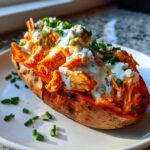 A vibrant Buffalo Chicken Stuffed Sweet Potatoes half, generously topped with blue cheese dressing and chives.