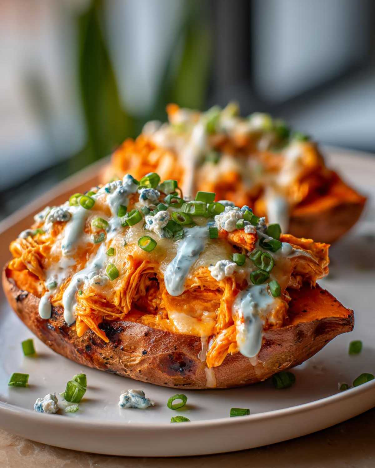 A close-up of a Buffalo Chicken Stuffed Sweet Potato topped with melted cheese, blue cheese dressing, and green onions.