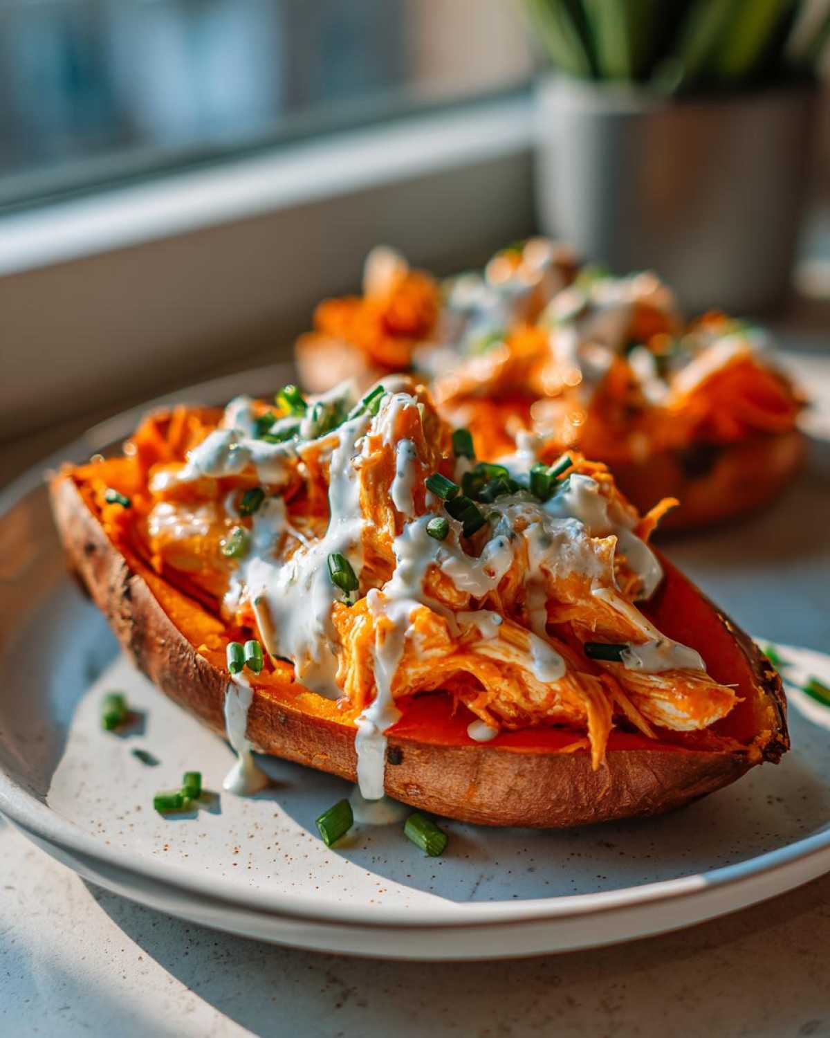 Close-up of a Buffalo Chicken Stuffed Sweet Potatoes half, topped with creamy sauce and chives.