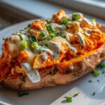 A close-up of Buffalo Chicken Stuffed Sweet Potatoes topped with melted cheese, ranch drizzle, and green onions.