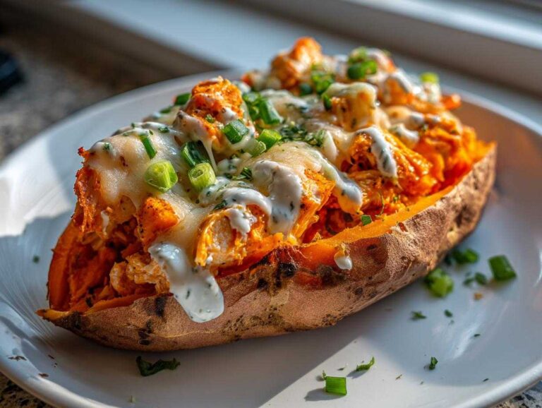 Divine 450-Calorie Buffalo Chicken Stuffed Sweet Potatoes A close-up of Buffalo Chicken Stuffed Sweet Potatoes topped with melted cheese, ranch drizzle, and green onions.