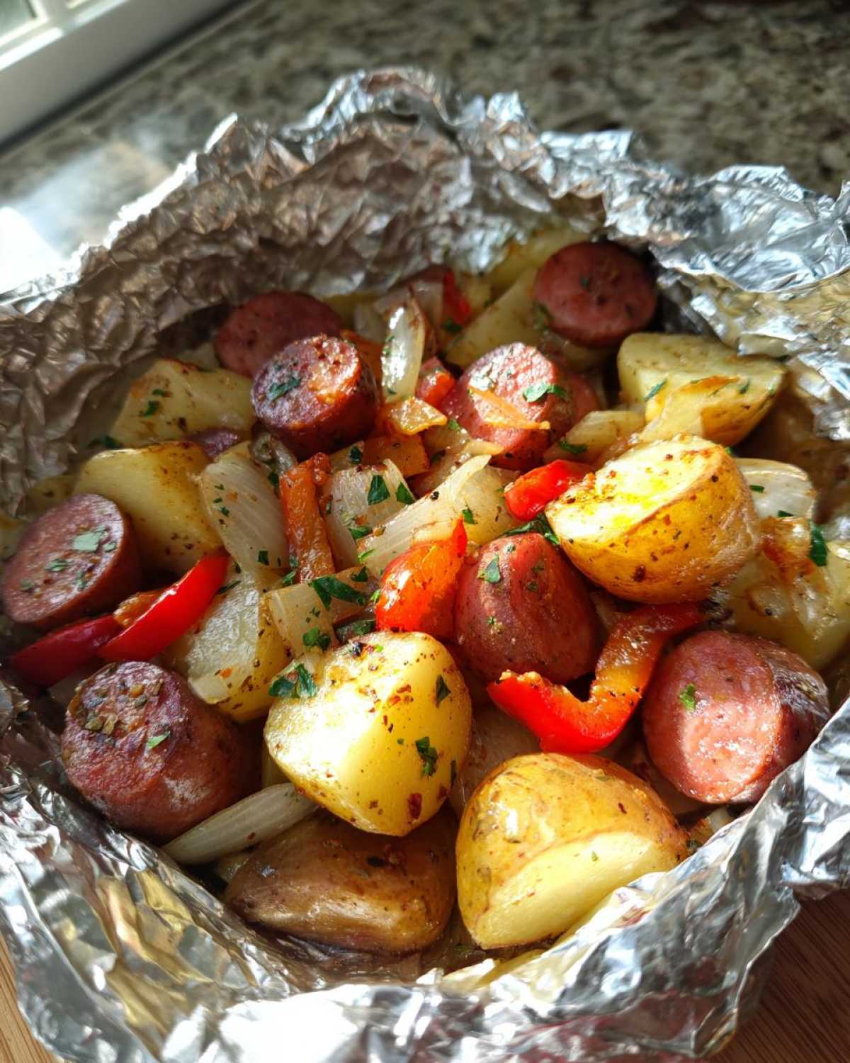 Close-up of cooked Campfire Potatoes mixed with sausage slices, onions, and red peppers in a foil packet.