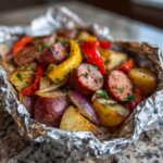Close-up of seasoned Campfire Potatoes mixed with sliced sausage, peppers, and onions cooked in a foil packet.