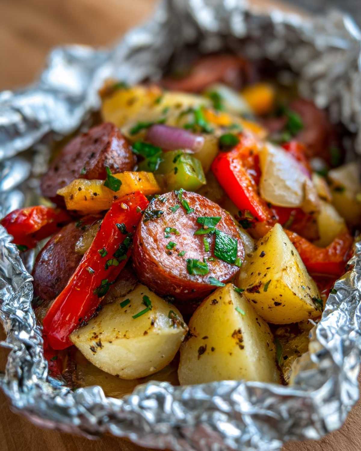 Close-up of seasoned Campfire Potatoes cooked in a foil packet with sliced sausage and colorful bell peppers.