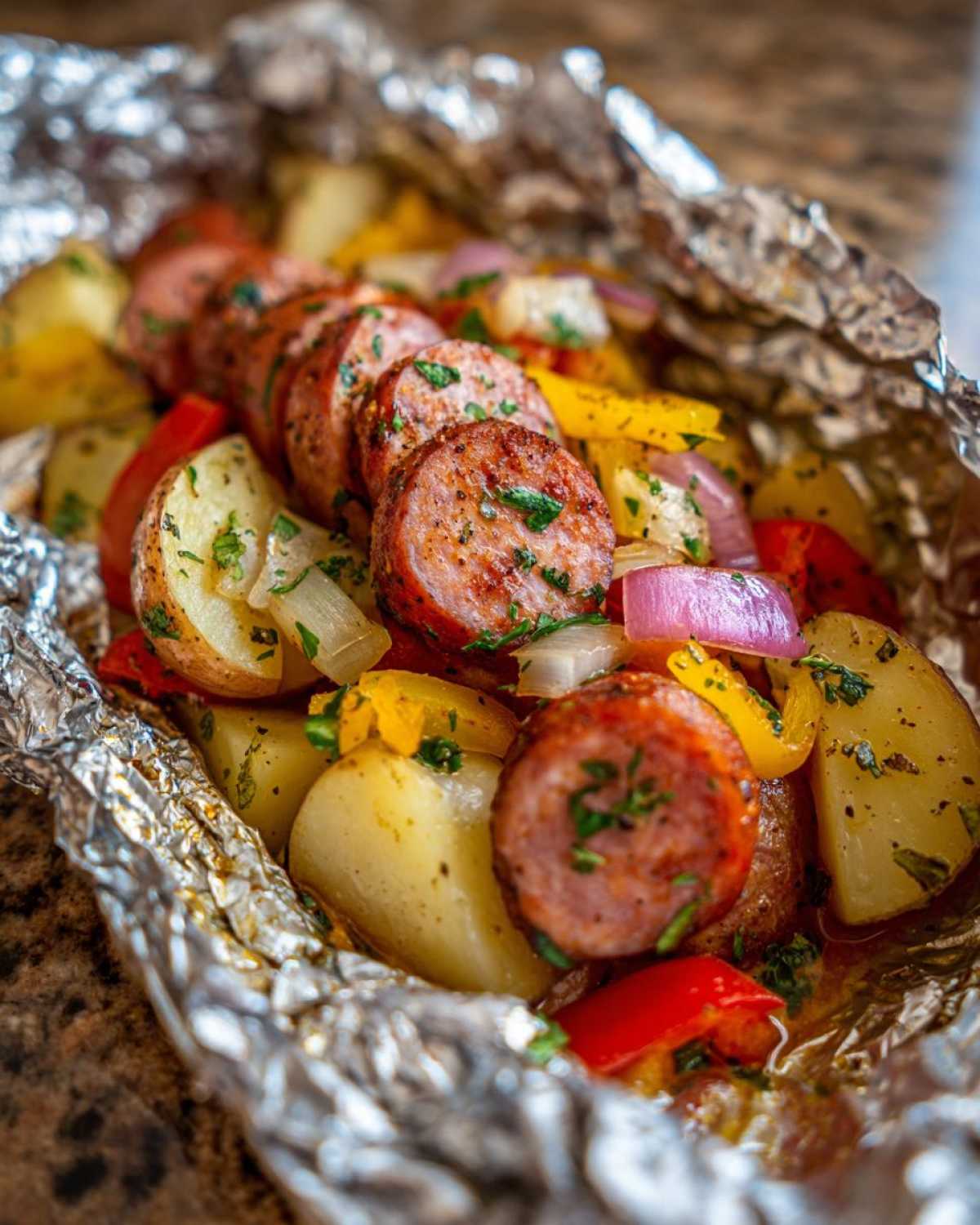 Close-up of seasoned Campfire Potatoes mixed with sliced sausage, red onion, and bell peppers cooked in a foil packet.