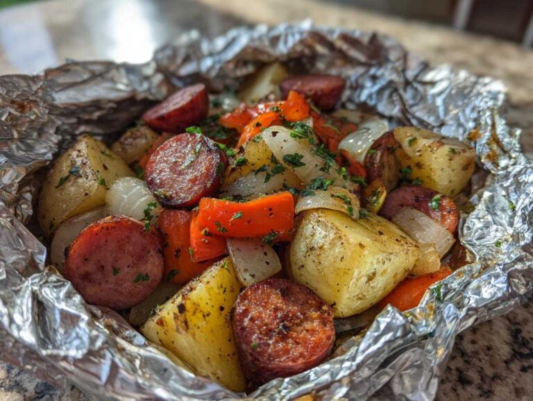 Close-up of seasoned Campfire Potatoes mixed with sausage, onions, and carrots cooked in a foil packet.