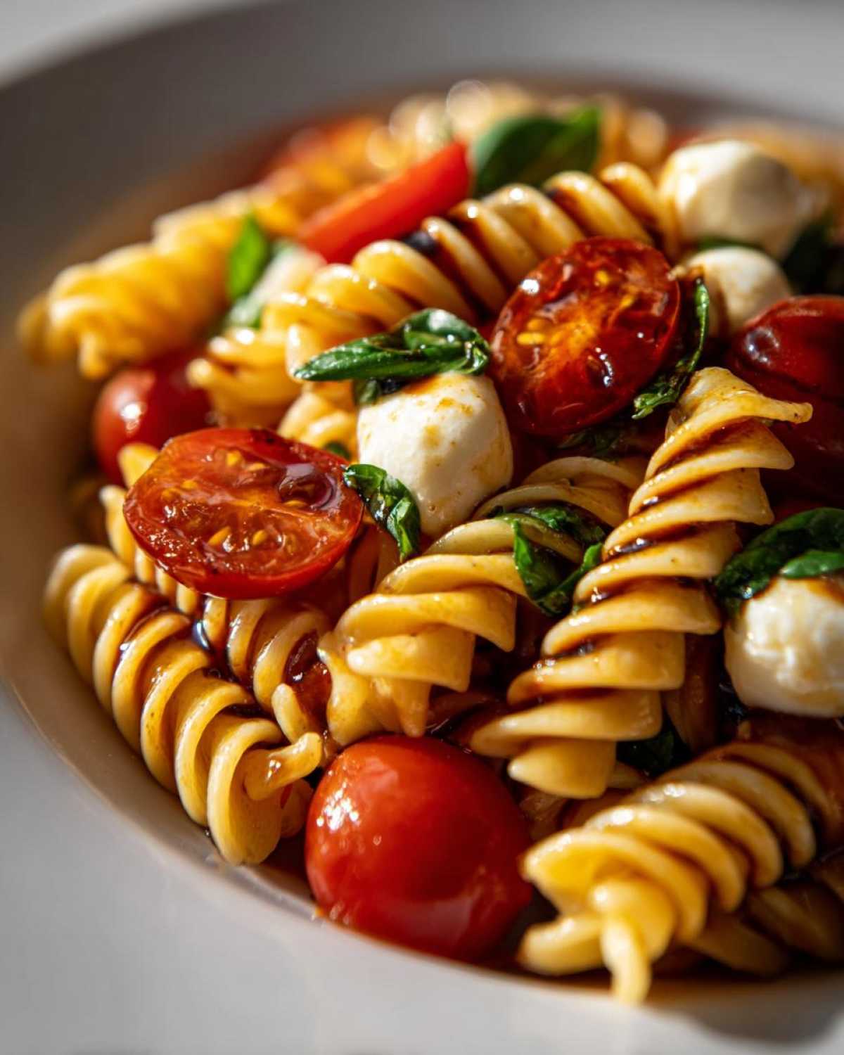 Close-up of a vibrant Caprese Pasta Salad featuring fusilli pasta, cherry tomatoes, mozzarella balls, and basil drizzled with balsamic glaze.