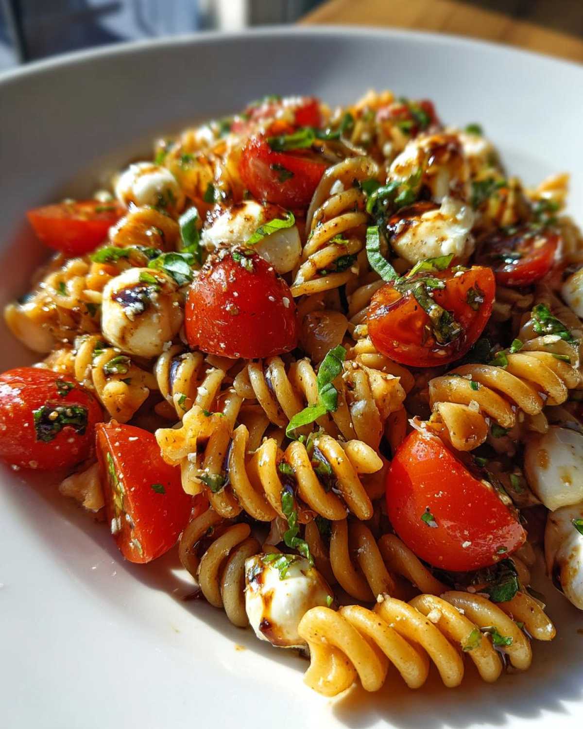 A close-up of a bowl of Caprese Pasta Salad featuring rotini pasta, halved cherry tomatoes, mozzarella balls, and fresh basil drizzled with balsamic glaze.