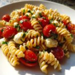 A close-up of Caprese Pasta Salad featuring fusilli pasta, bright red cherry tomatoes, mozzarella balls, and fresh basil.