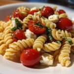A close-up of a serving of Caprese Pasta Salad featuring fusilli pasta, cherry tomatoes, mozzarella balls, and basil.
