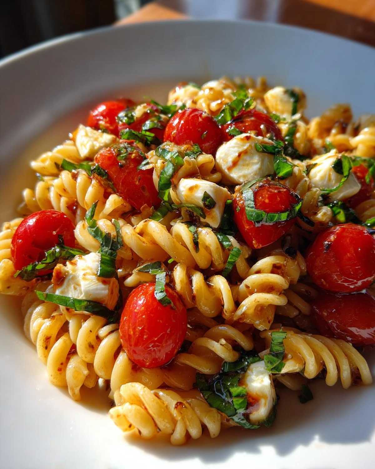 Close-up of a serving of Caprese Pasta Salad featuring fusilli pasta, cherry tomatoes, mozzarella balls, and fresh basil.