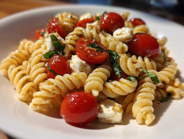 A close-up of a serving of Caprese Pasta Salad featuring fusilli pasta, cherry tomatoes, mozzarella balls, and basil.