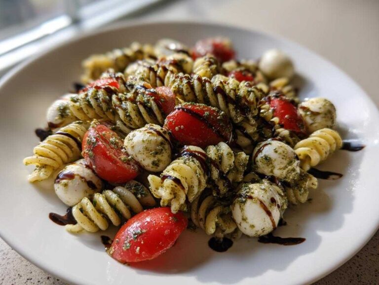 A close-up of a serving of caprese pasta salad featuring rotini pasta, cherry tomatoes, mozzarella balls, and pesto, drizzled with balsamic glaze.