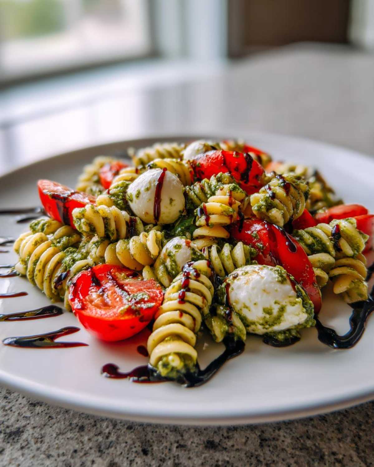 A serving of vibrant caprese pasta salad featuring fusilli, cherry tomatoes, mozzarella balls, pesto, and a balsamic glaze drizzle.