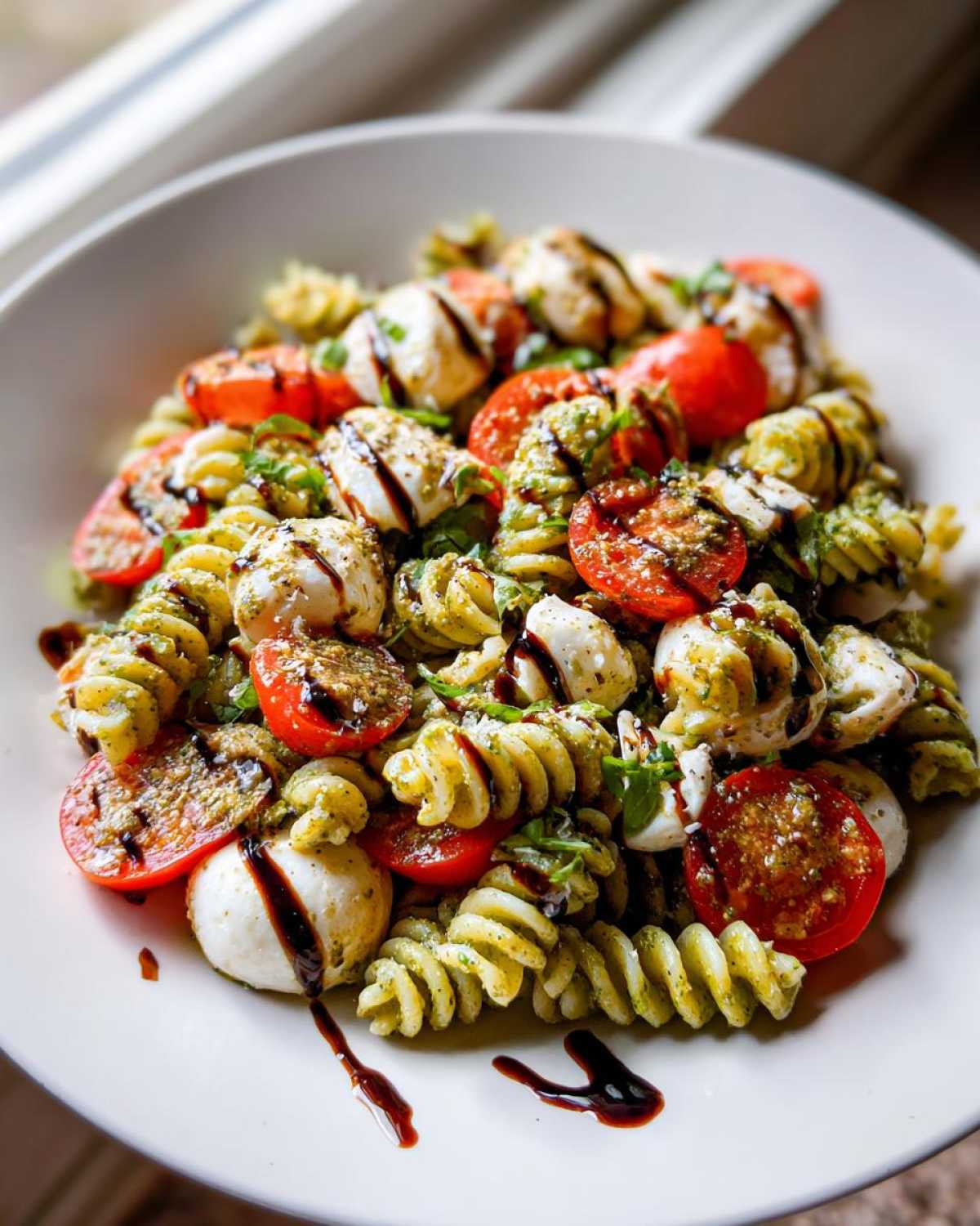 A close-up of a serving of caprese pasta salad featuring rotini pasta coated in pesto, cherry tomatoes, and fresh mozzarella balls, drizzled with balsamic glaze.