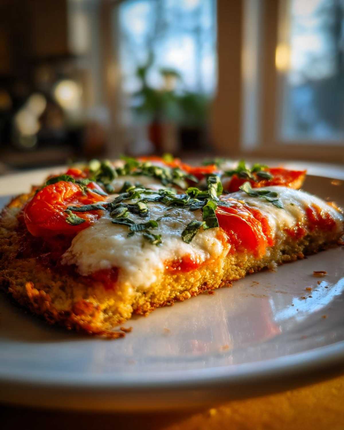 Close-up of a slice of Cauliflower Crust Margherita Pizza showing golden crust, melted mozzarella, tomatoes, and fresh basil.
