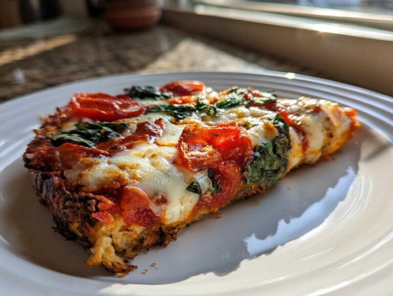Amazing 1 Cauliflower Crust Margherita Pizza Close-up of a thick slice of Cauliflower Crust Margherita Pizza topped with mozzarella, tomatoes, and spinach.