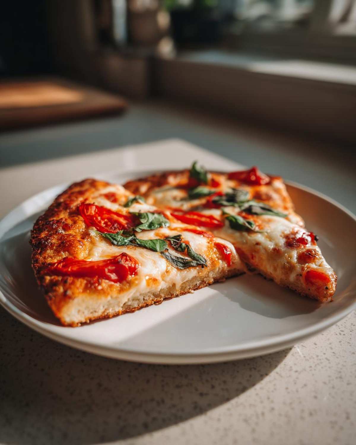 Two slices of golden-brown Cauliflower Crust Margherita Pizza topped with melted mozzarella, tomatoes, and fresh basil.