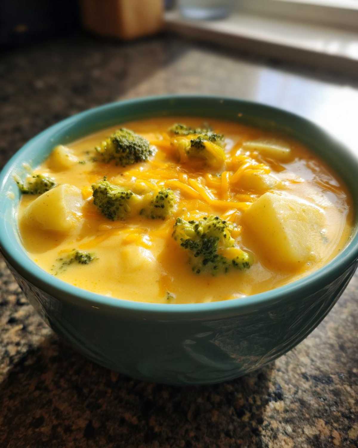 Close-up of a turquoise bowl filled with creamy Cheddar Broccoli Potato Soup, topped with shredded cheese and chunks of potato.