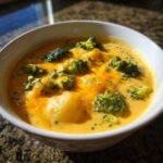 A close-up of a white bowl filled with rich, creamy Cheddar Broccoli Potato Soup topped with melted cheddar and fresh broccoli florets.