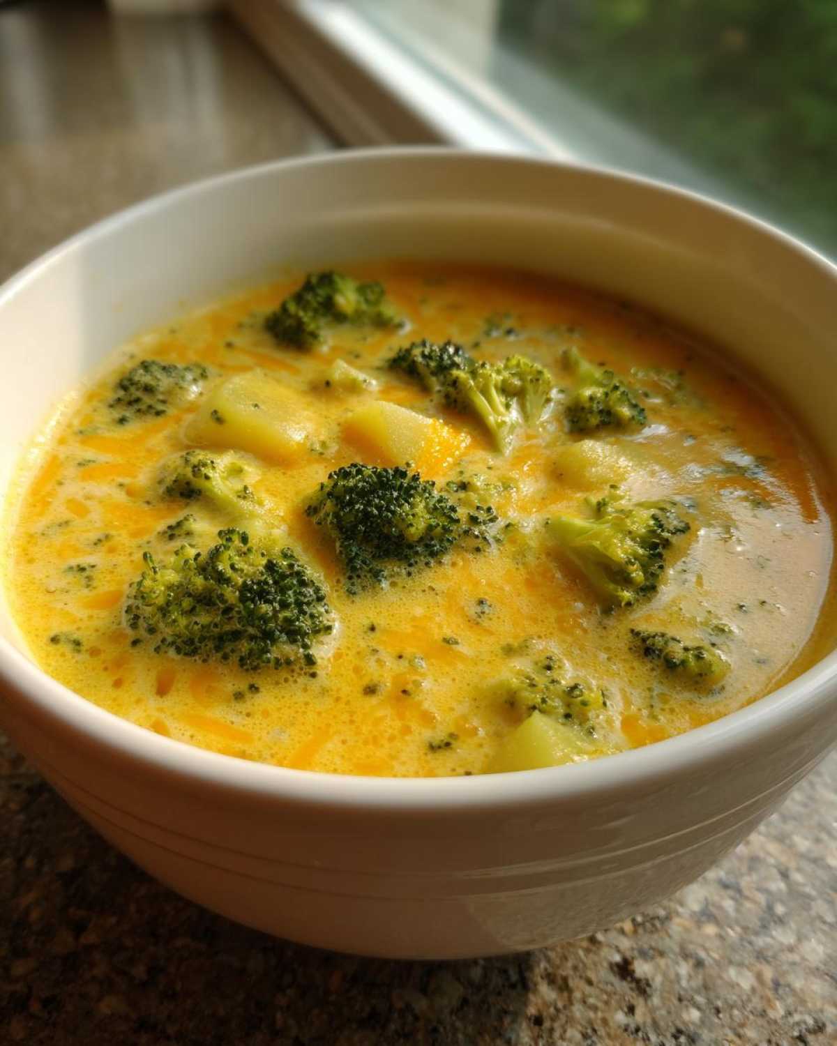 Close-up of a bowl of thick, creamy Cheddar Broccoli Potato Soup with visible chunks of potato and bright green broccoli florets.