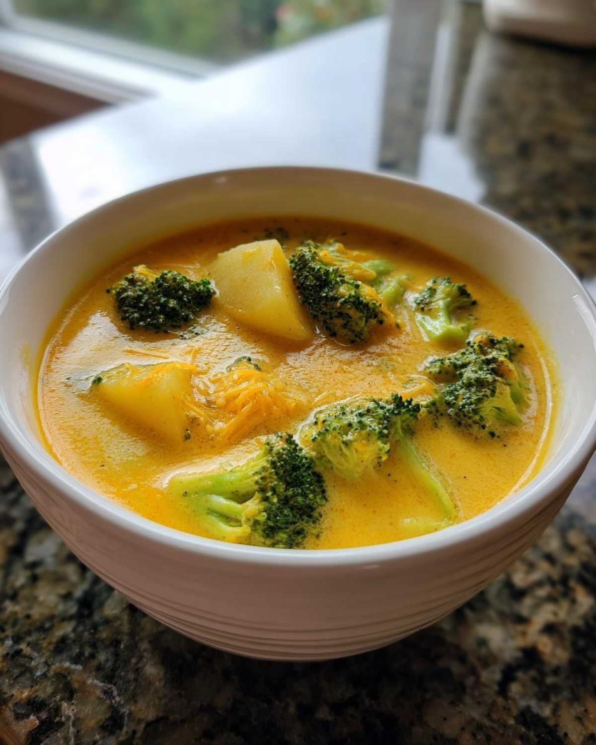 A close-up of a white bowl filled with rich, yellow Cheddar Broccoli Potato Soup featuring chunks of potato and bright green broccoli florets.