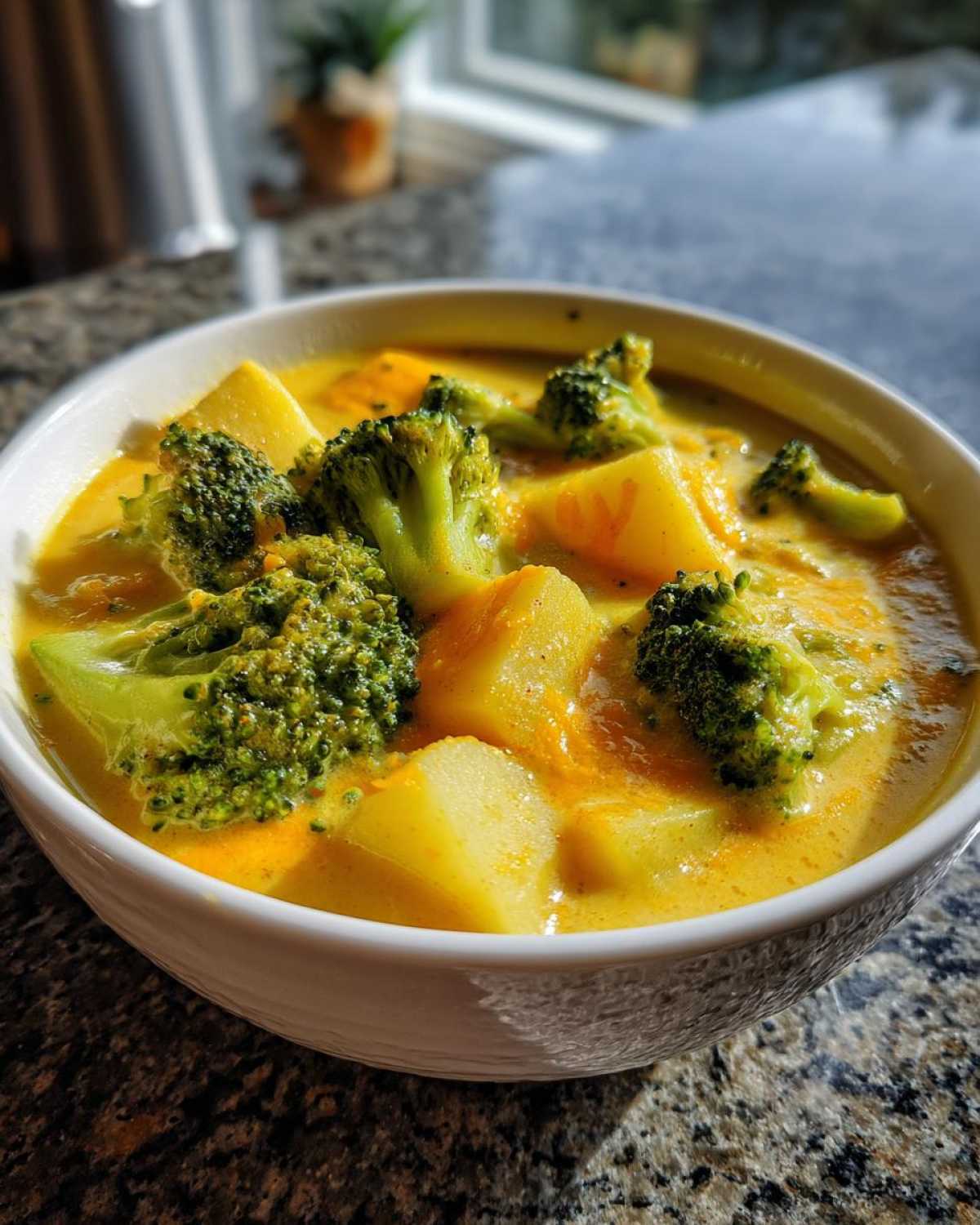 A close-up view of a hearty bowl of vibrant Cheddar Broccoli Potato Soup, featuring chunks of potato and bright green broccoli florets.