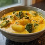 Close-up of a bowl filled with vibrant yellow Cheddar Broccoli Potato Soup featuring chunks of potato and bright green broccoli florets.