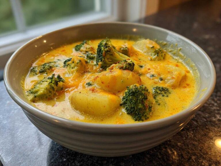 Close-up of a bowl filled with vibrant yellow Cheddar Broccoli Potato Soup featuring chunks of potato and bright green broccoli florets.