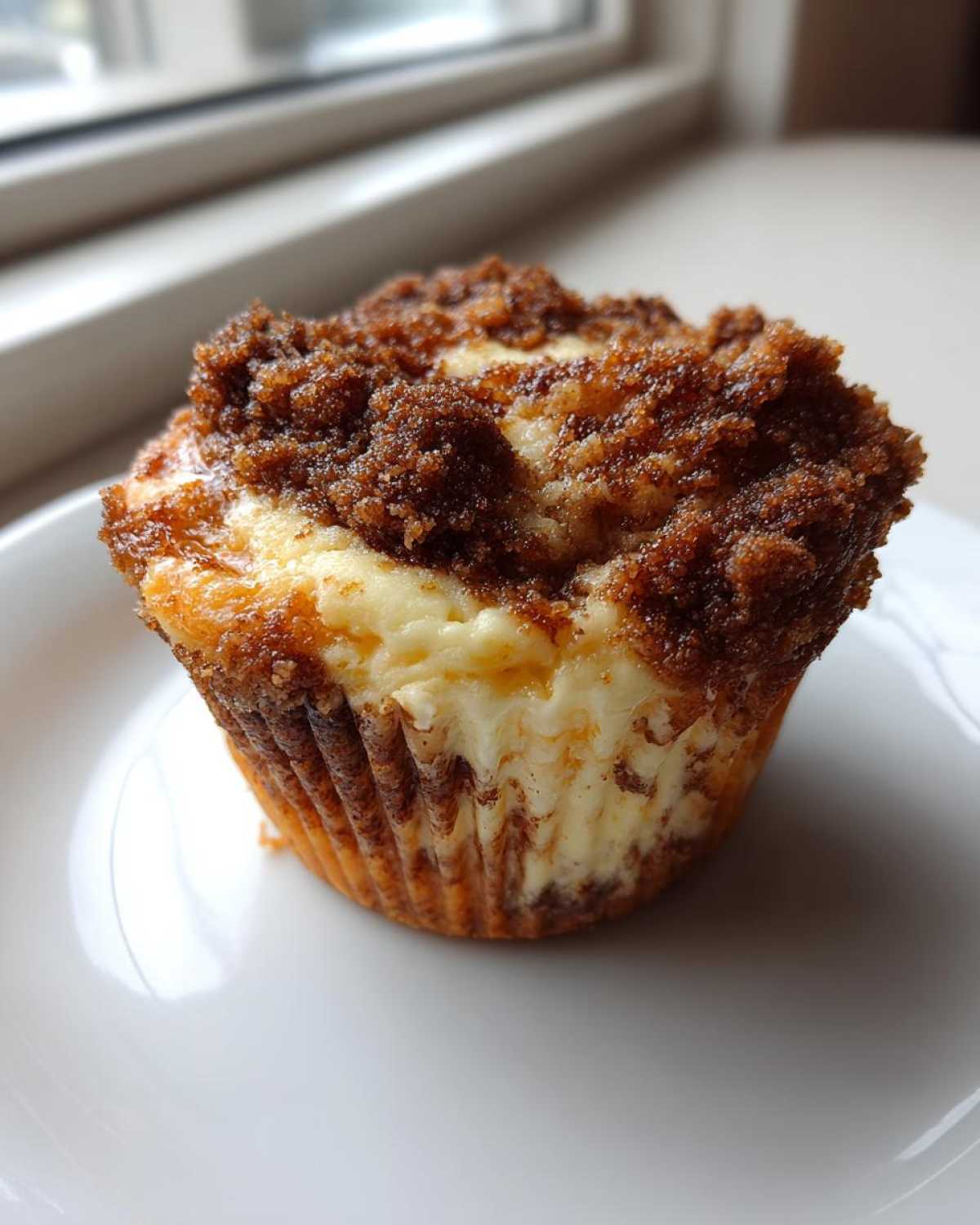 A single, freshly baked Cheesecake Muffin with Cinnamon streusel topping, resting on a white plate near a window.
