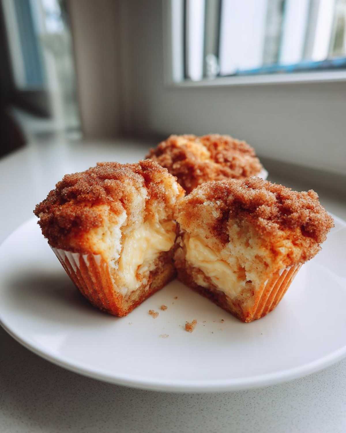 A close-up of a Cheesecake Muffin with Cinnamon filling cut in half, revealing the creamy center and cinnamon topping.